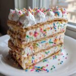 Nahaufnahme eines Schichtkuchens, Funfetti Icebox Cake, mit Keksschichten und cremiger F&uuml;llung voller bunter Streusel.