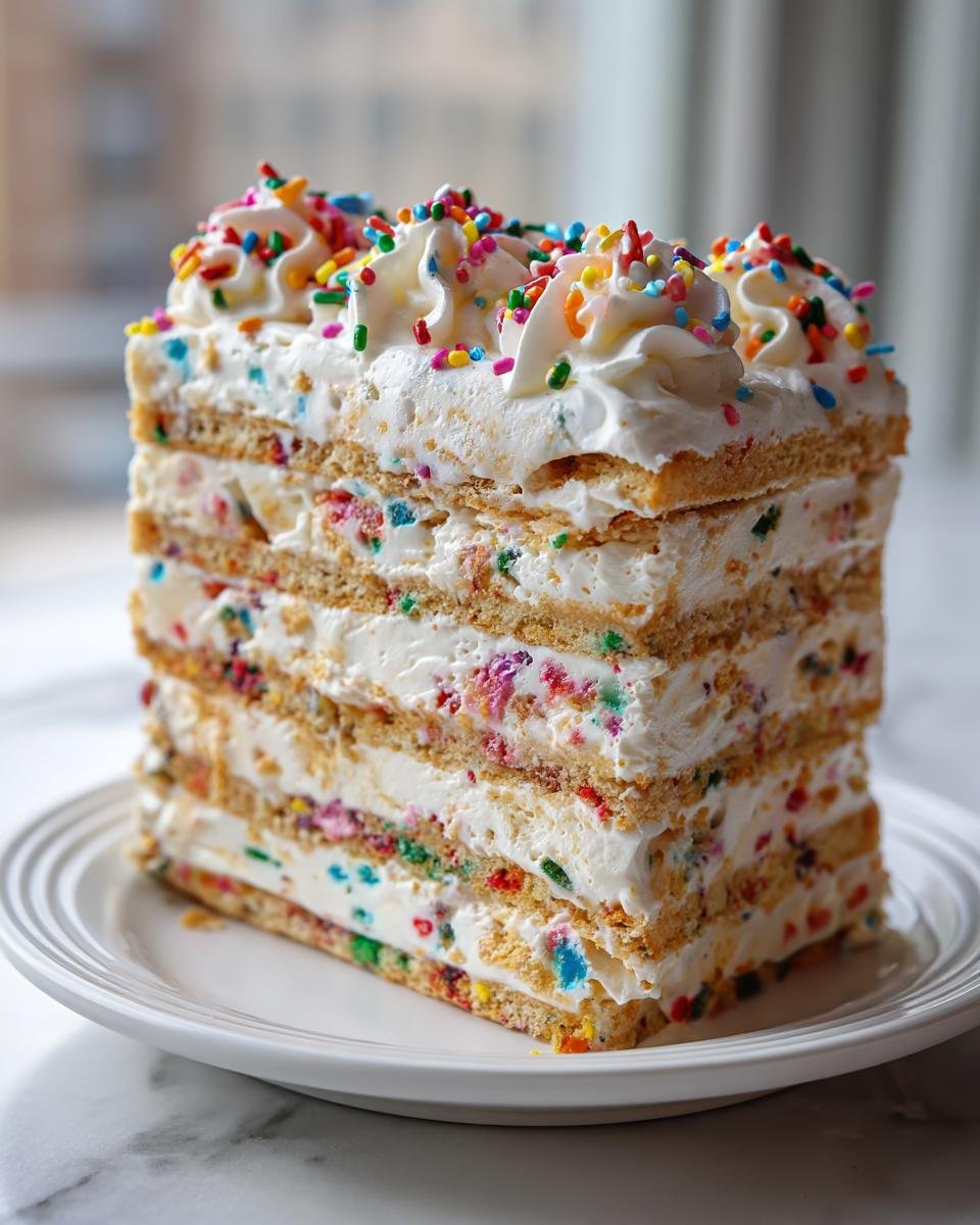 Ein hohes, mehrschichtiges St&uuml;ck Funfetti Icebox Cake mit bunten Streuseln und Sahnetupfern.