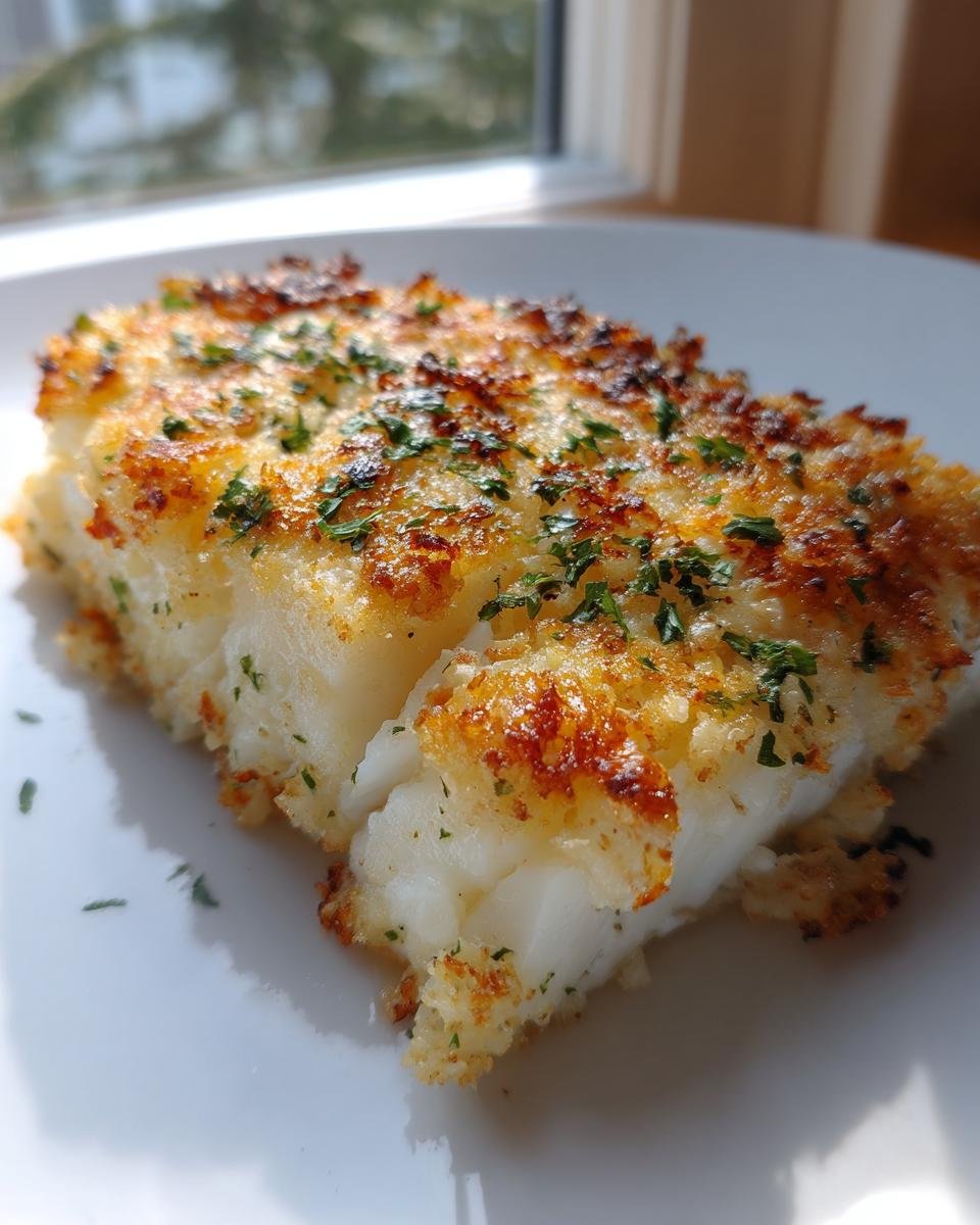 Nahaufnahme von saftigem Garlic Parmesan Halibut mit goldbrauner Kruste und Petersilie auf einem wei&szlig;en Teller.