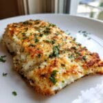 Zwei St&uuml;cke saftiges Garlic Parmesan Halibut mit goldbrauner Kruste und Petersilie auf einem wei&szlig;en Teller.