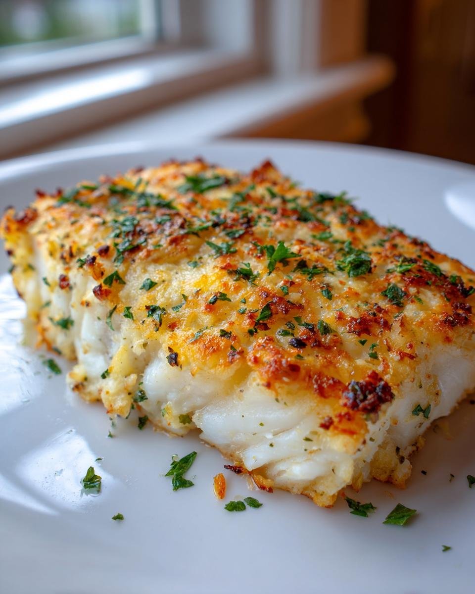 Nahaufnahme von saftigem Garlic Parmesan Halibut mit goldbrauner Kruste und Petersilie.