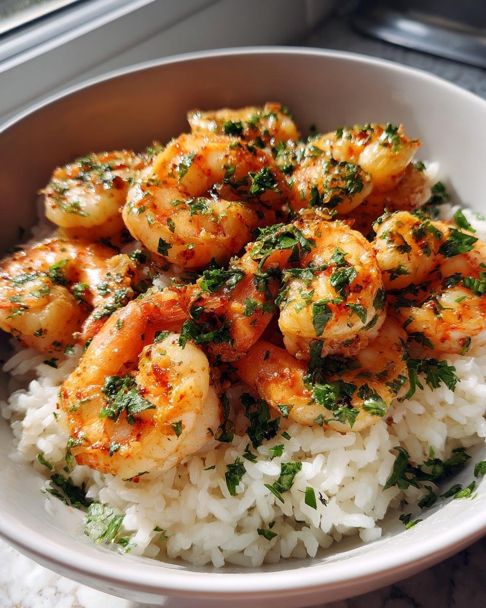Nahaufnahme einer Garlic Shrimp Rice Bowl mit saftigen Garnelen und wei&szlig;em Reis, garniert mit frischer Petersilie.