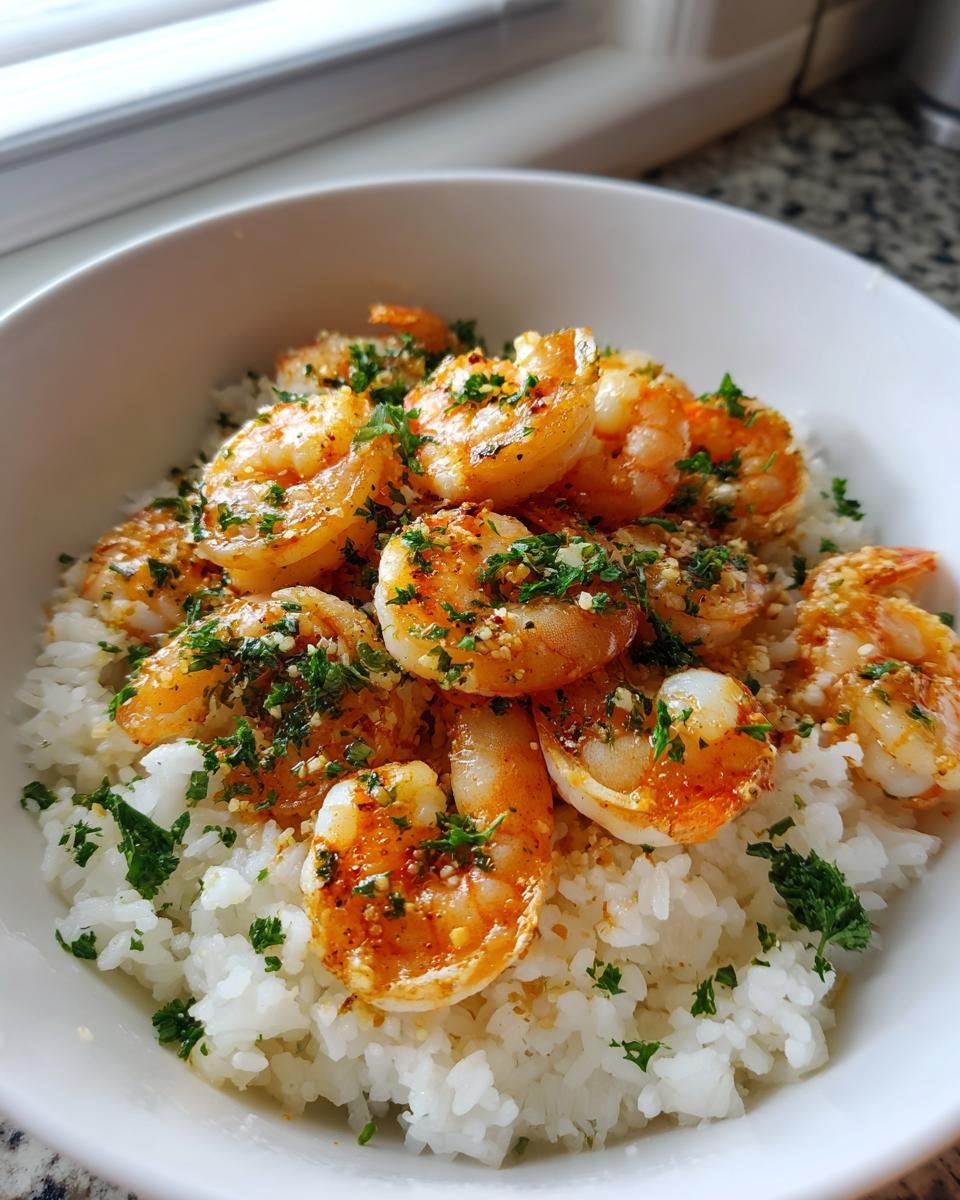 Nahaufnahme einer wei&szlig;en Sch&uuml;ssel mit Garlic Shrimp Rice Bowl, belegt mit saftigen Garnelen und frischer Petersilie.