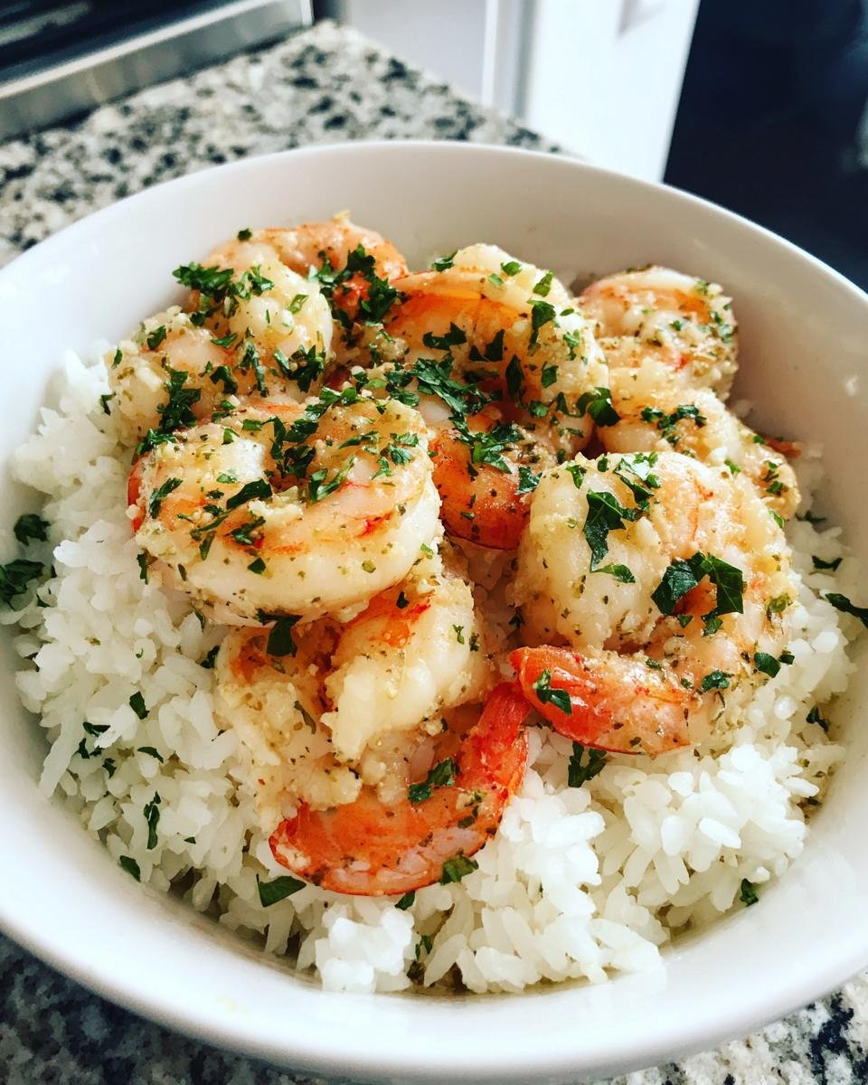 Nahaufnahme einer wei&szlig;en Sch&uuml;ssel mit Garlic Shrimp Rice Bowl, belegt mit saftigen Garnelen und frischer Petersilie.