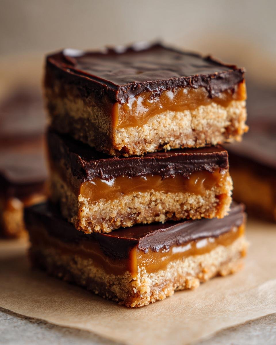 Drei gestapelte Easter Millionaires Squares mit knusprigem Boden, Karamellf&uuml;llung und Schokoladenglasur.