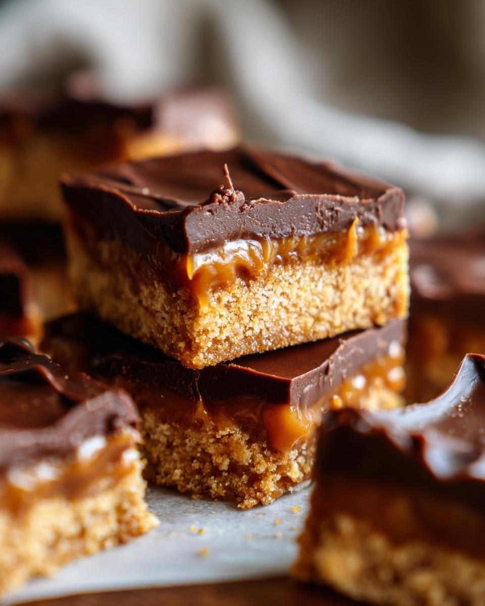 Nahaufnahme von gestapelten Easter Millionaires Squares mit knusprigem Boden, Karamell und dunkler Schokoladenglasur.