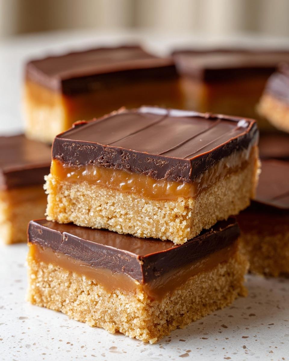 Zwei gestapelte Easter Millionaires Squares mit knusprigem Boden, Karamell und dunkler Schokoladenglasur.