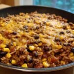 Nahaufnahme eines gesunden Puten-Taco-Pfannengerichts mit geschmolzenem K&auml;se, Mais und schwarzen Bohnen.