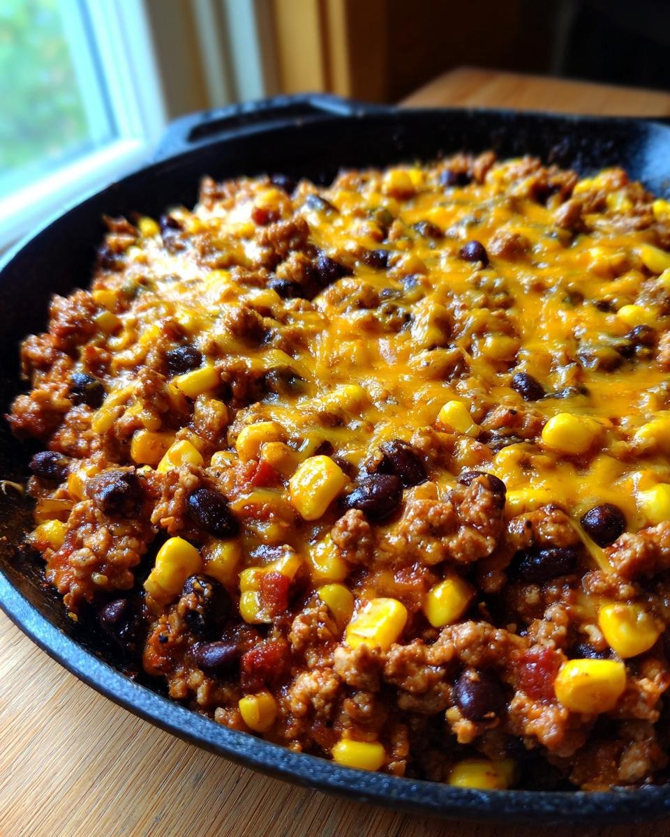 Nahaufnahme eines gesunden Puten-Taco-Pfannengerichts mit Hackfleisch, Mais, schwarzen Bohnen und geschmolzenem K&auml;se.