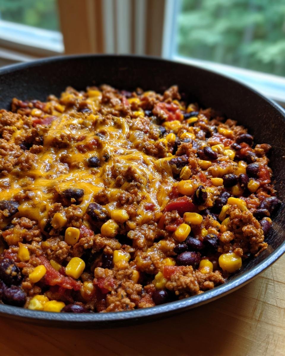 Nahaufnahme eines gesunden Puten-Taco-Pfannengerichts mit Hackfleisch, Mais, schwarzen Bohnen und geschmolzenem K&auml;se.