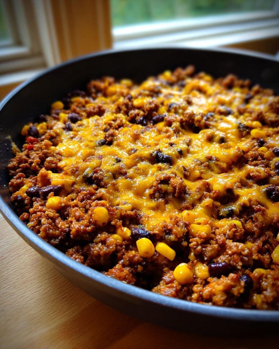 Nahaufnahme des gesunden Truthahn Taco Auflaufs mit geschmolzenem K&auml;se, Mais und Bohnen in einer dunklen Pfanne.