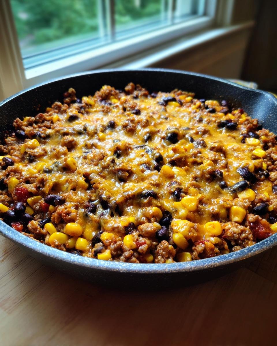 Nahaufnahme des gesunden Turkey Taco Skillet mit Hackfleisch, Mais, schwarzen Bohnen und geschmolzenem K&auml;se.