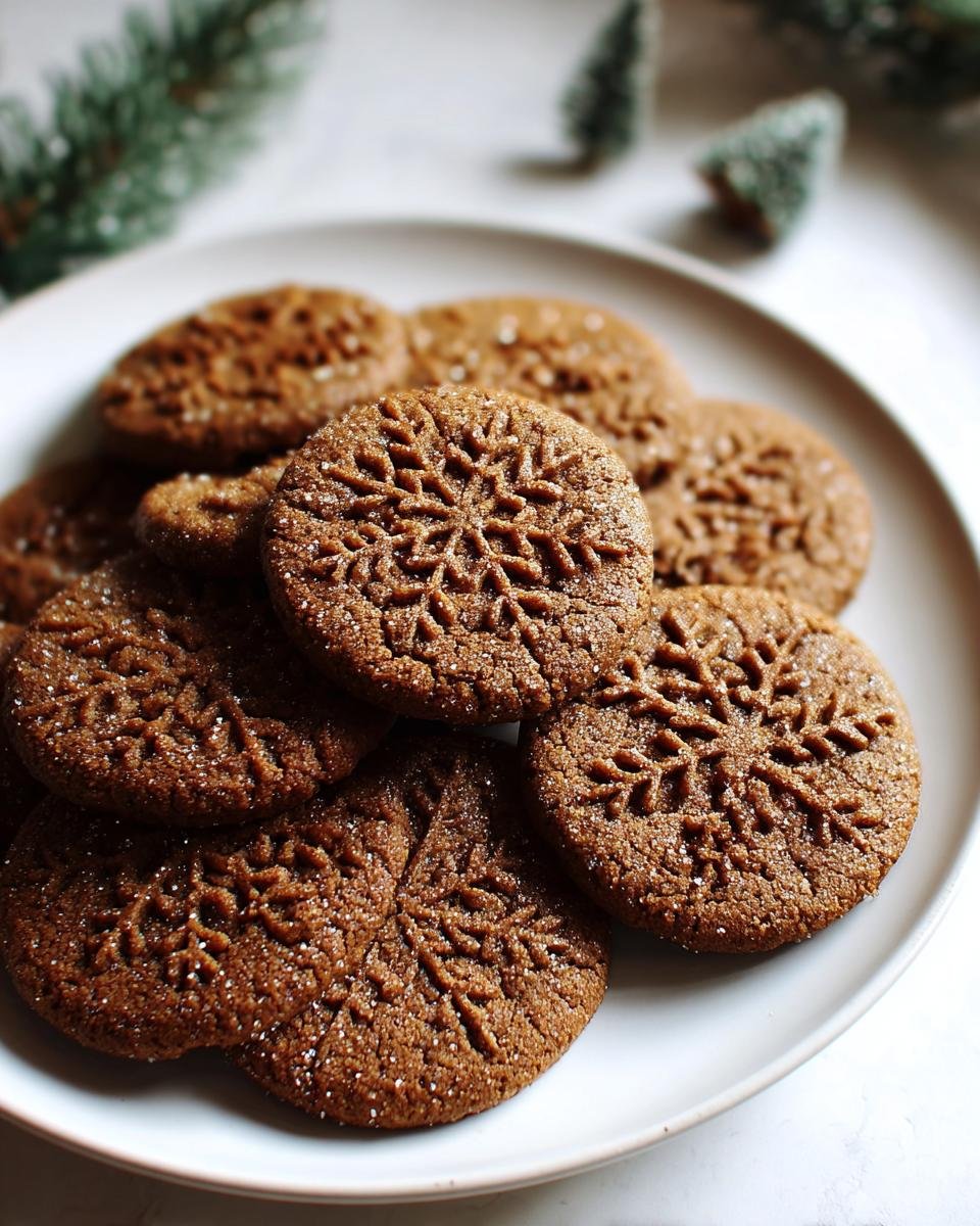 Nahaufnahme von mehreren braunen Gingerbrave Cookies mit eingepr&auml;gtem Schneeflockenmuster auf einem wei&szlig;en Teller.