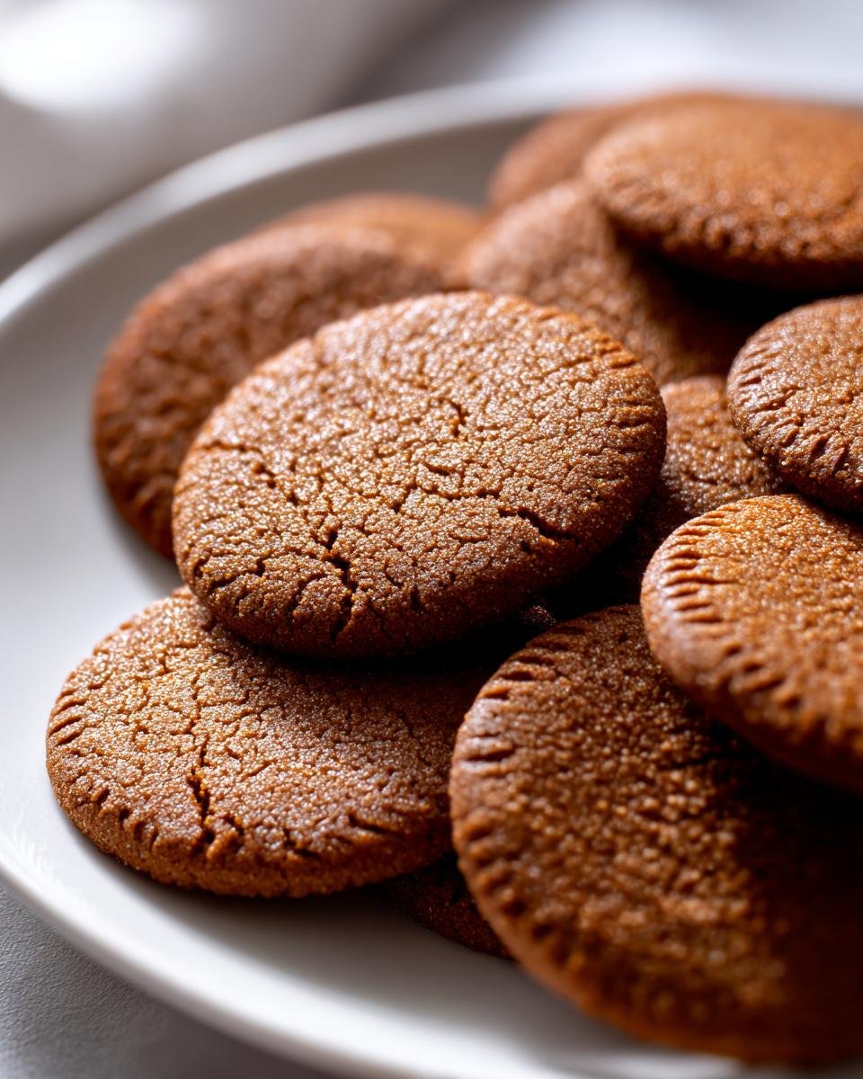 Ein Stapel brauner, runder Gingerbrave Cookies mit leicht rissiger Oberfl&auml;che auf einem wei&szlig;en Teller.