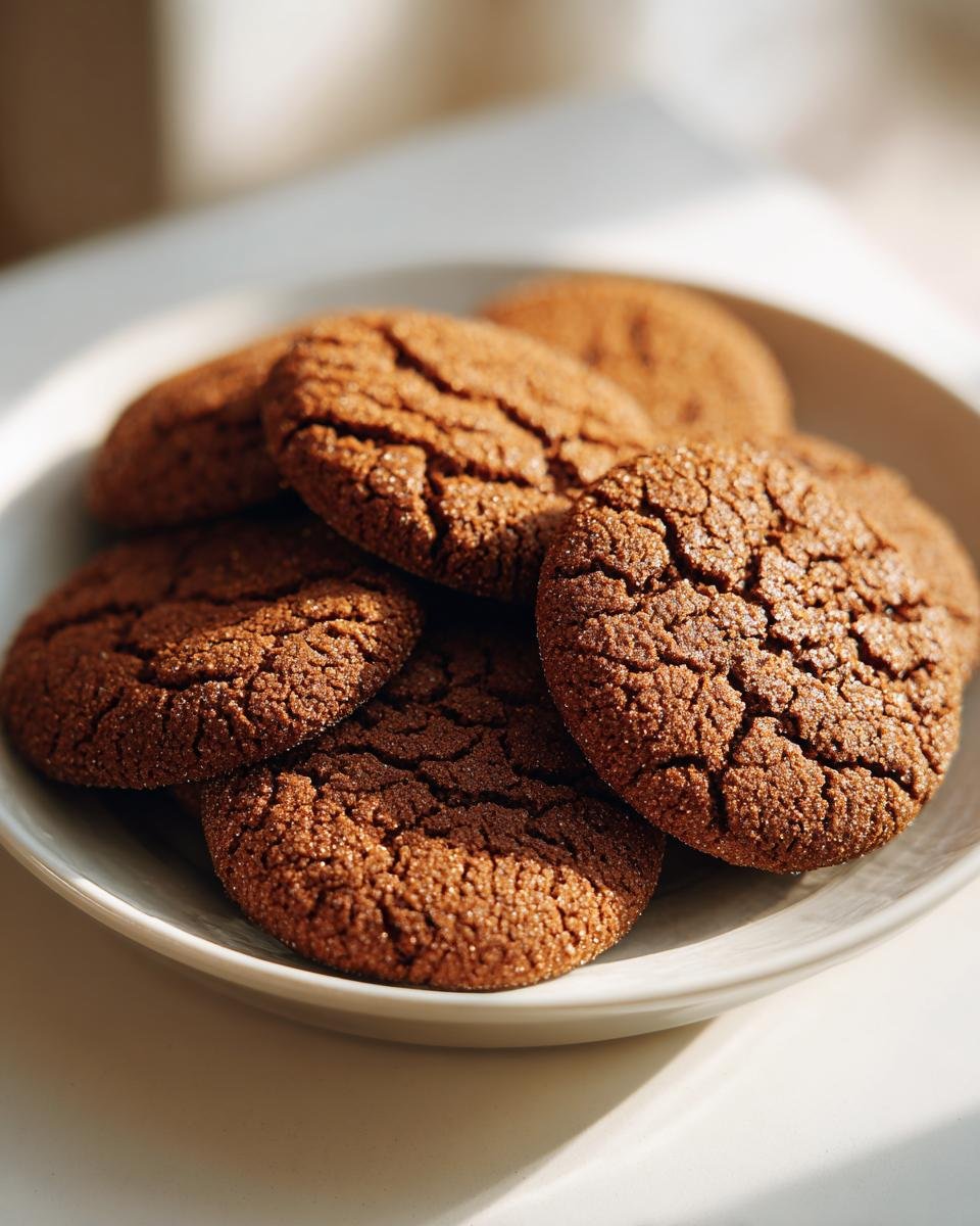 Nahaufnahme von mehreren knusprigen, braunen Gingerbrave Cookies mit rissiger Oberfl&auml;che auf einem wei&szlig;en Teller.