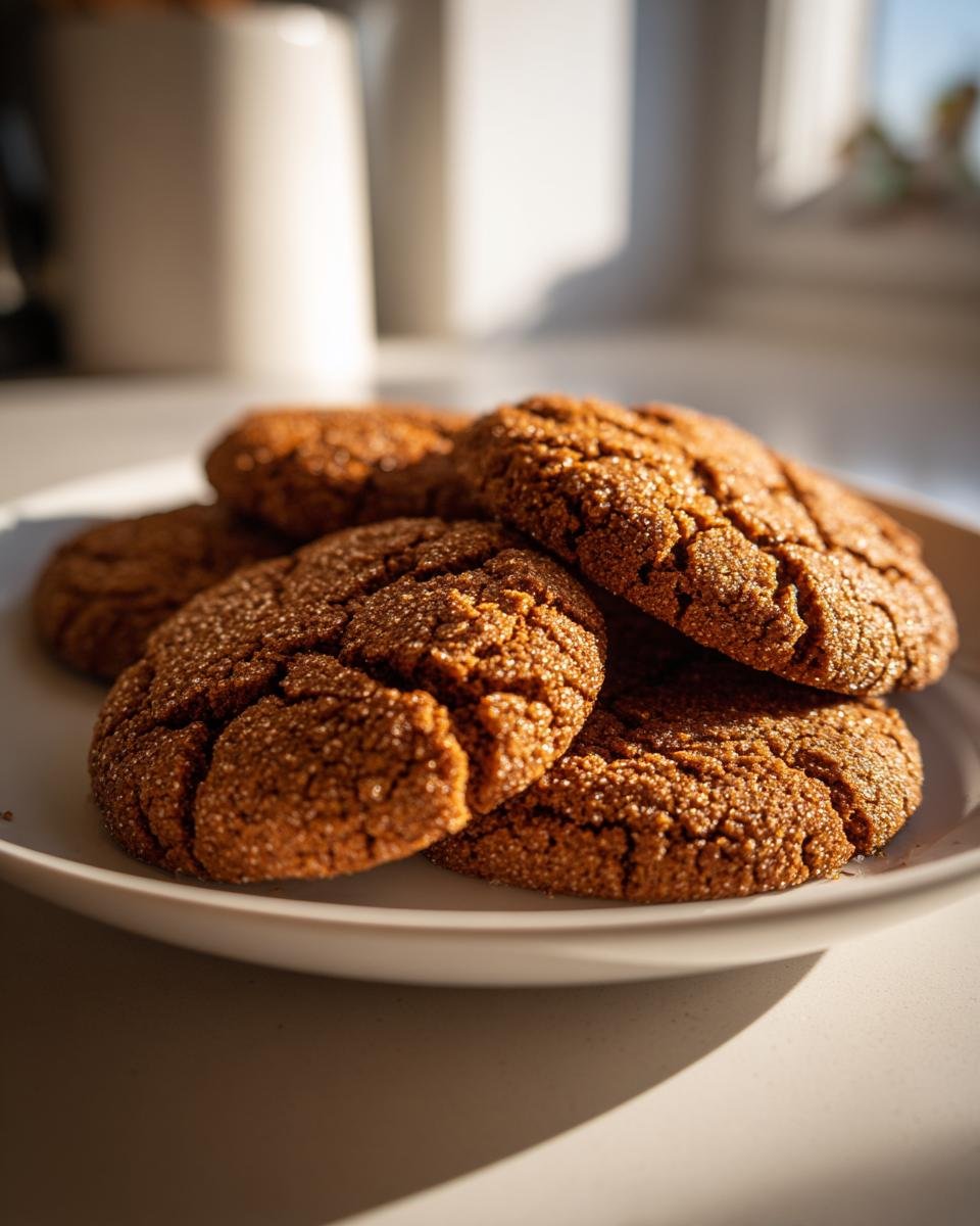 Nahaufnahme von mehreren saftigen Gingerbrave Cookies mit knuspriger Zuckerkruste auf einem wei&szlig;en Teller.