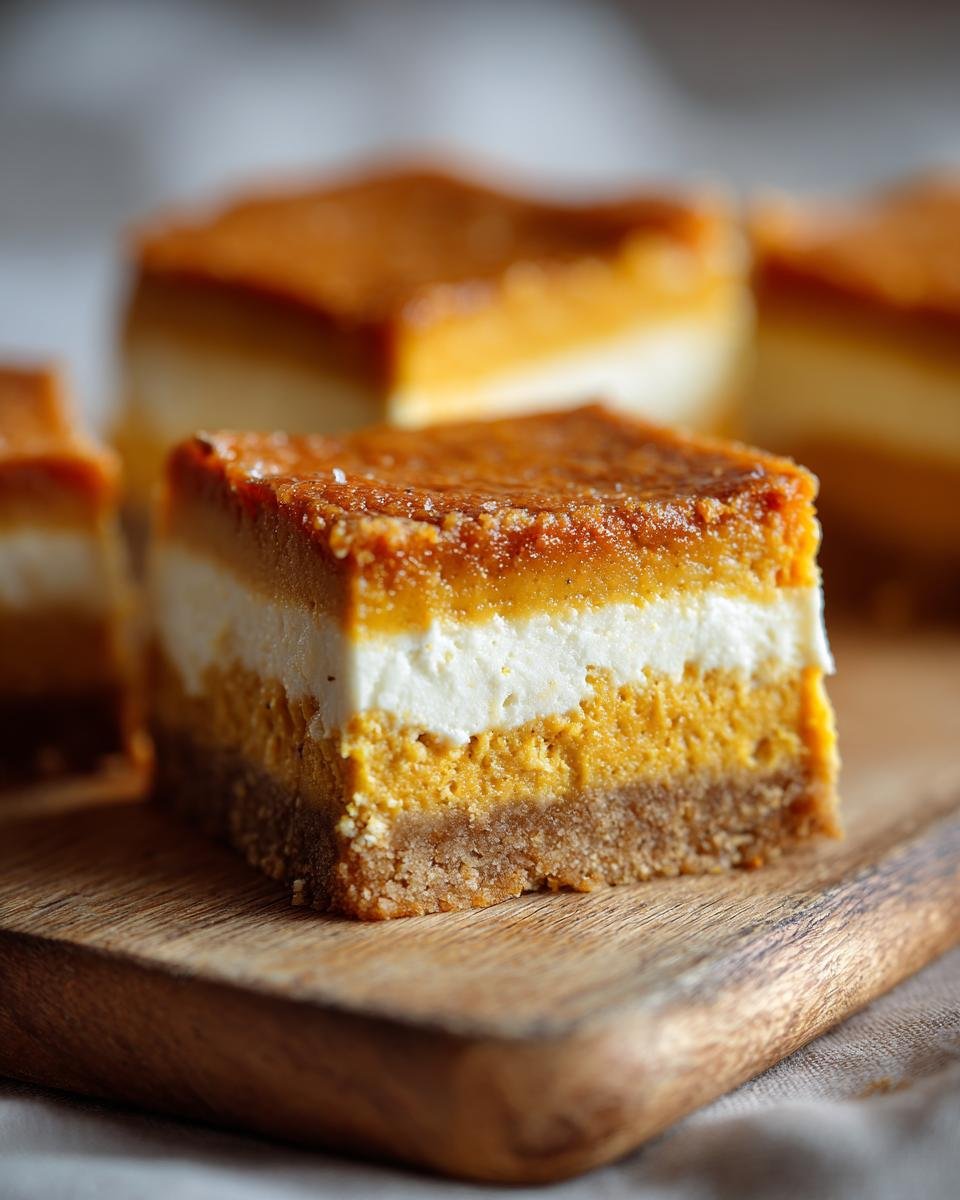 Nahaufnahme eines St&uuml;cks Gluten Free Cottage Cheese Pumpkin Cake Bars mit vier Schichten auf einem Holzbrett.