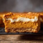 Nahaufnahme eines St&uuml;cks Gluten Free Cottage Cheese Pumpkin Cake Bars mit K&uuml;rbisf&uuml;llung und Frischk&auml;sehaube.
