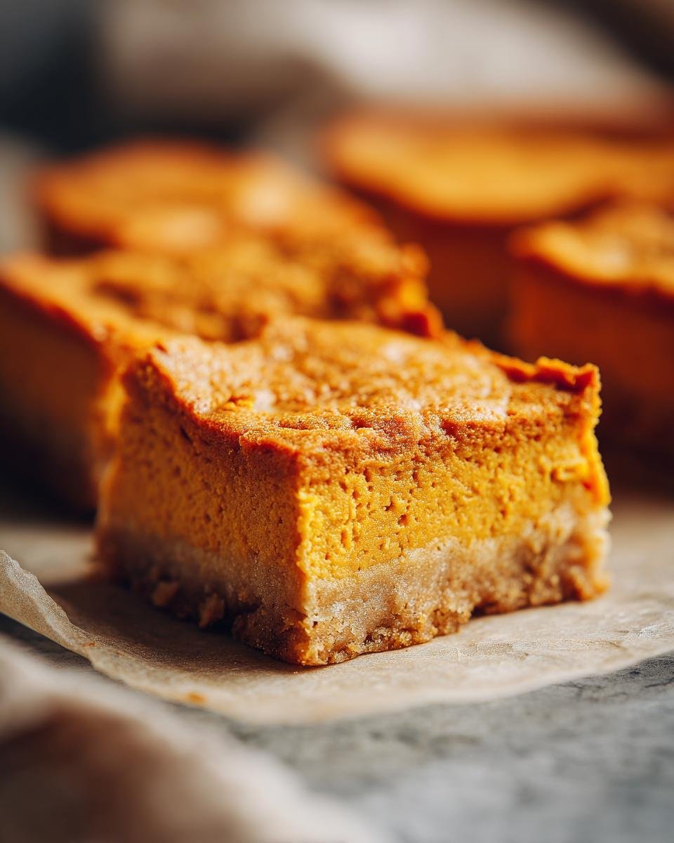 Nahaufnahme eines St&uuml;cks Gluten Free Cottage Cheese Pumpkin Cake Bars mit K&uuml;rbisf&uuml;llung und Boden.