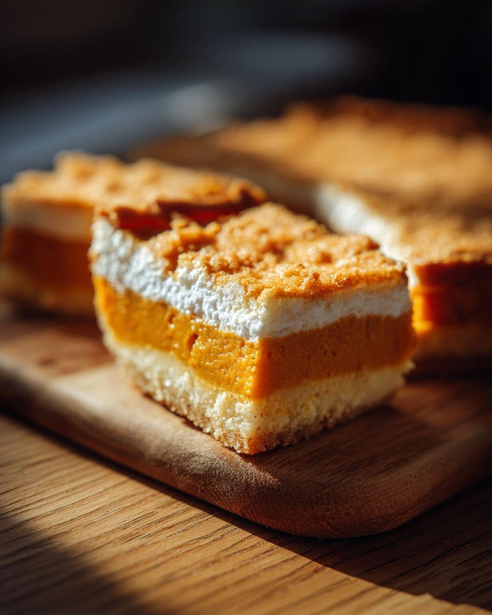 Nahaufnahme eines St&uuml;cks Gluten Free Cottage Cheese Pumpkin Cake Bars mit K&uuml;rbisf&uuml;llung und Streuseln.
