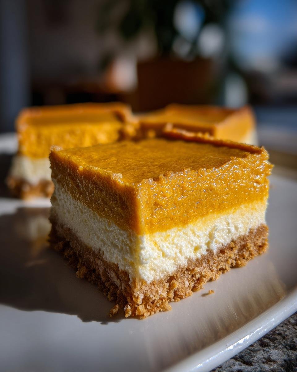 Nahaufnahme eines St&uuml;cks Gluten Free Cottage Cheese Pumpkin Cake Bars mit drei Schichten: Kruste, Quarkmasse und K&uuml;rbistopping.