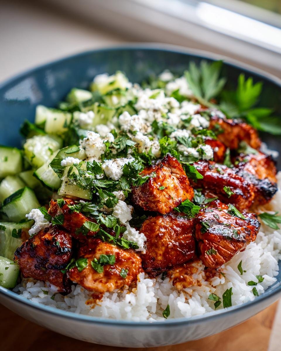 Nahaufnahme einer griechischen H&auml;hnchen-Bowls mit Reis, mariniertem H&auml;hnchen, Gurkensalat und Feta.
