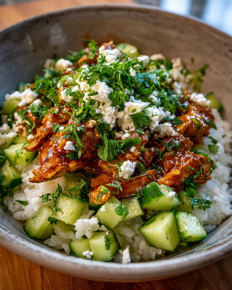 Nahaufnahme einer Sch&uuml;ssel mit griechischen H&auml;hnchen Bowls mit Gurkensalat, Reis, Feta und Petersilie.