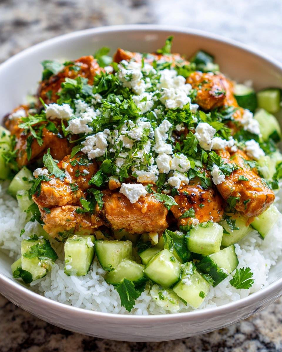 Nahaufnahme einer Sch&uuml;ssel mit Griechische H&auml;hnchen Bowls mit Gurkensalat, Reis, gew&uuml;rztem Huhn und Feta.