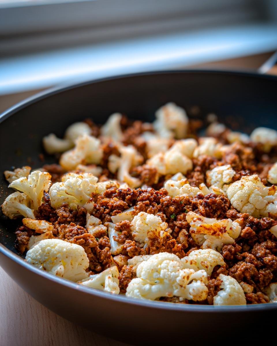 Nahaufnahme eines Ground Turkey And Cauliflower Skillet mit gebratenem Hackfleisch und Blumenkohlr&ouml;schen in einer dunklen Pfanne.