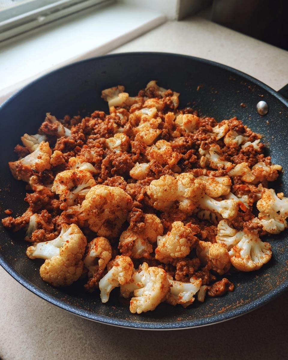 Gebratenes Blumenkohlr&ouml;schen mit gew&uuml;rztem Hackfleisch im Ground Turkey And Cauliflower Skillet in einer schwarzen Pfanne.