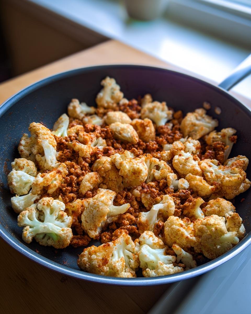 Gebratener Blumenkohl mit gew&uuml;rztem Hackfleisch vom Puten in einer schwarzen Pfanne, Gericht f&uuml;r Ground Turkey And Cauliflower Skillet.