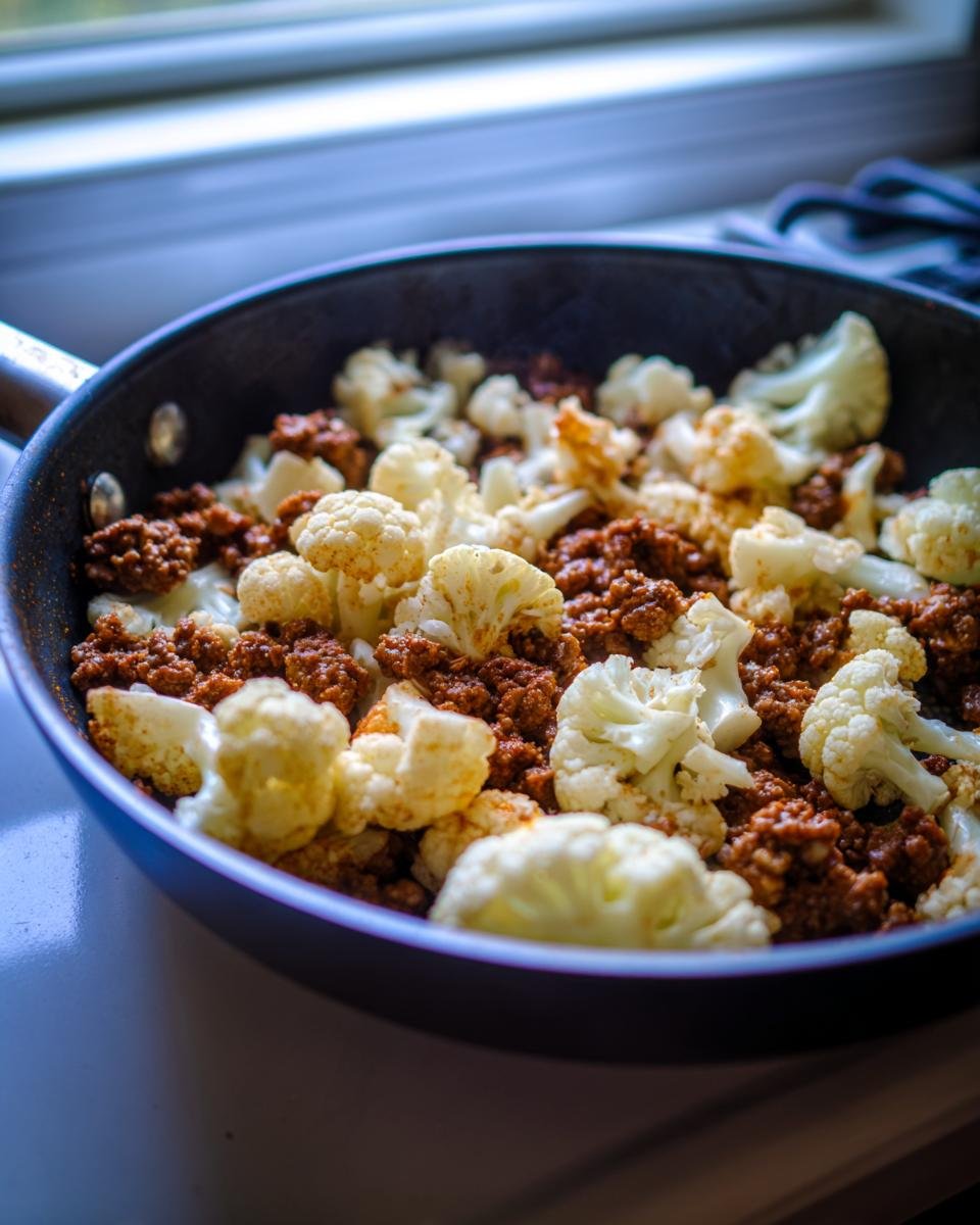 Nahaufnahme eines Ground Turkey And Cauliflower Skillet mit gebratenem Hackfleisch und Blumenkohlr&ouml;schen in einer dunklen Pfanne.