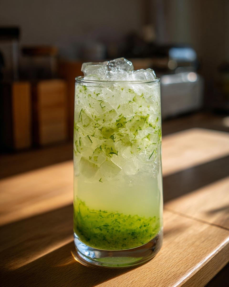 Hohes Glas mit eiskalter Gurken Limonade, gef&uuml;llt mit zersto&szlig;enem Eis und Gurkenst&uuml;ckchen.