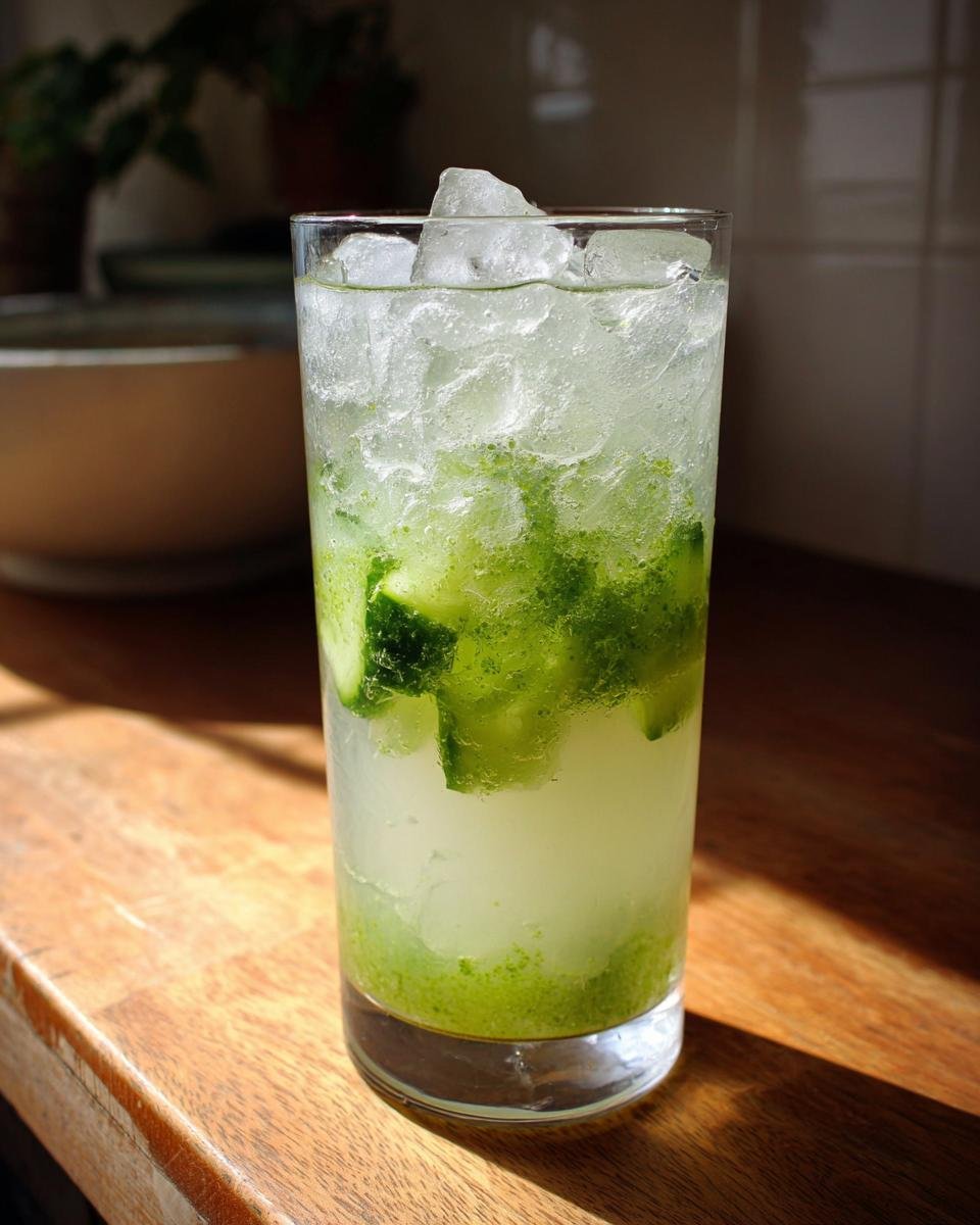 Ein hohes Glas mit eiskalter Gurken-Limonade, gef&uuml;llt mit Eisw&uuml;rfeln und gr&uuml;nen Gurkenst&uuml;cken.