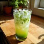 Ein hohes Glas mit eiskalter Gurken Limonade, garniert mit zersto&szlig;enen Minzbl&auml;ttern.