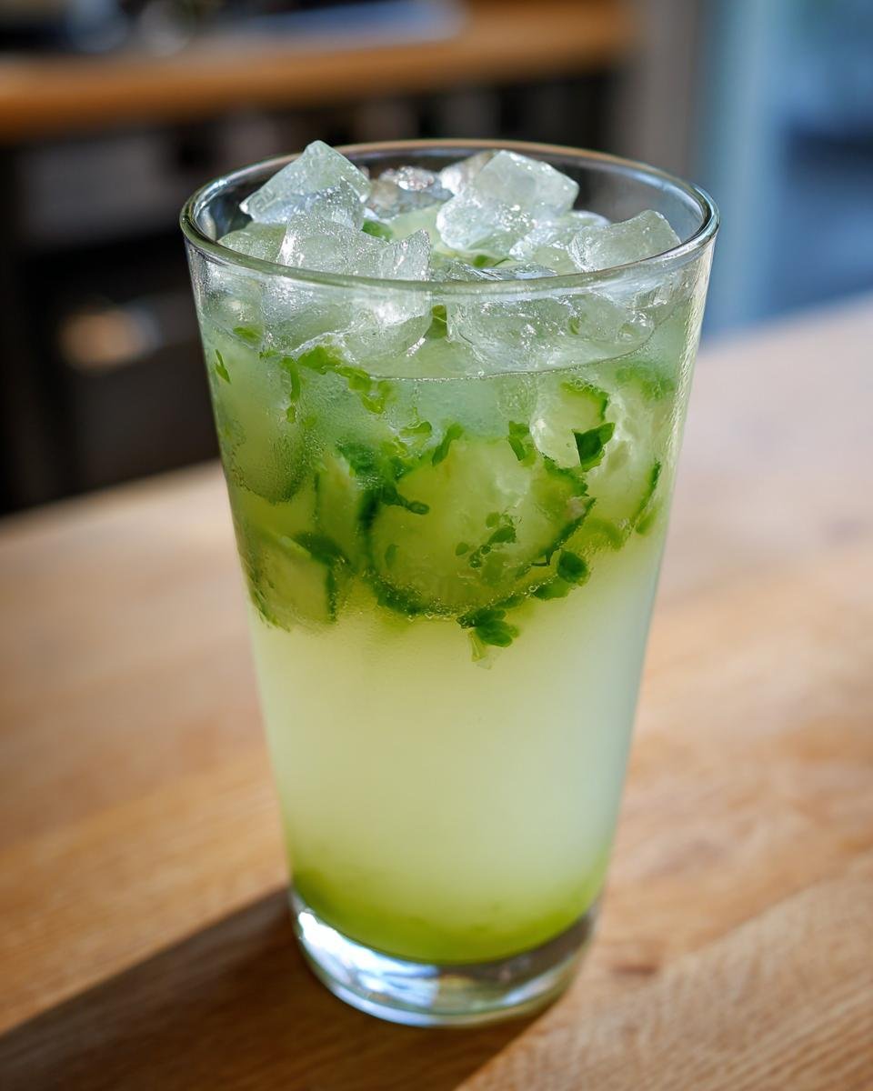 Ein hohes Glas mit eiskalter Gurkenlimonade, gef&uuml;llt mit Eisw&uuml;rfeln und Gurkenscheiben.