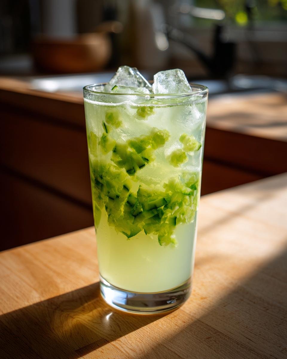 Hohes Glas mit selbstgemachter Gurkenlimonade, gef&uuml;llt mit Eisw&uuml;rfeln und kleinen Gurkenst&uuml;cken.