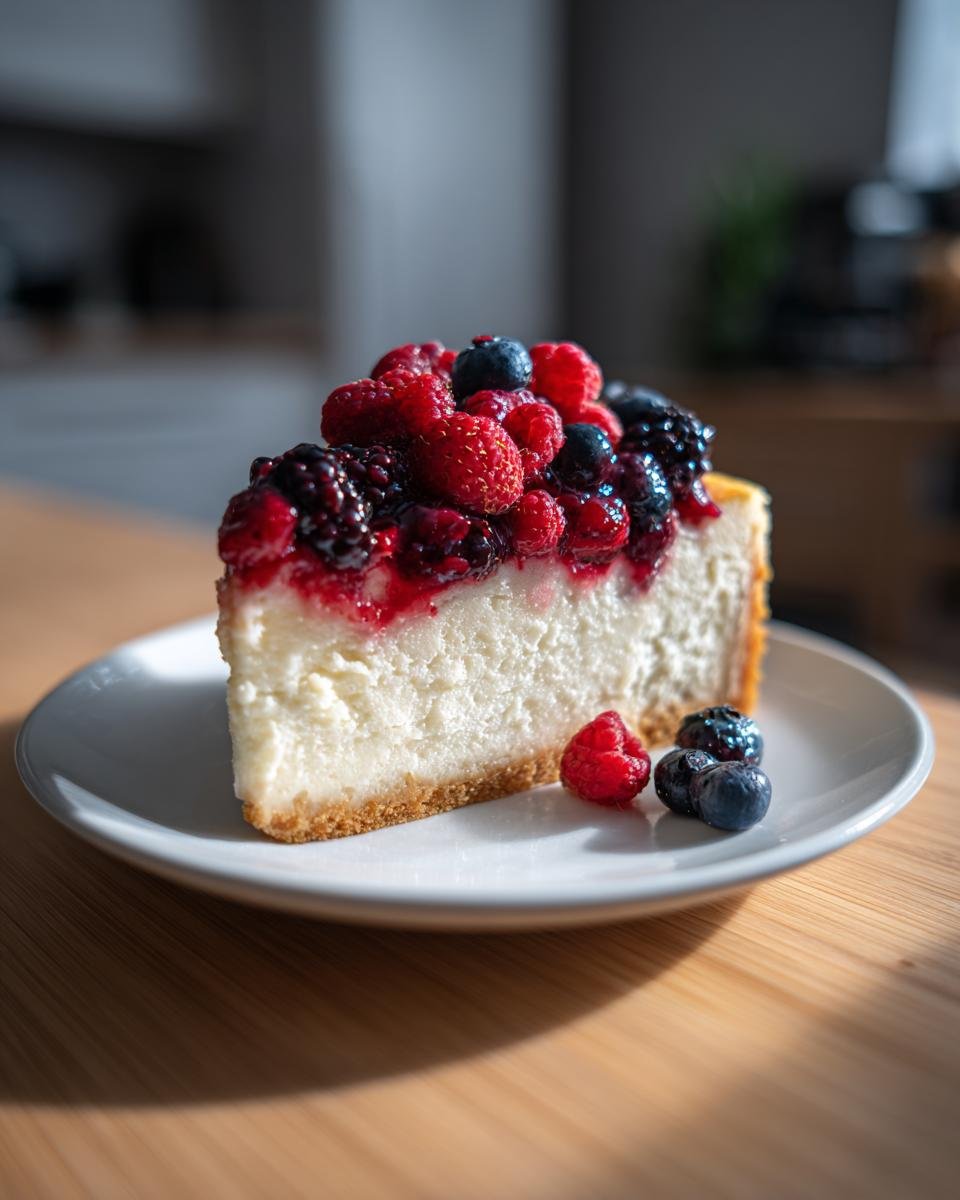 Ein cremiges St&uuml;ck Heavenly Berry Cheesecake Rezept mit viel frischen Himbeeren und Blaubeeren auf einem wei&szlig;en Teller.