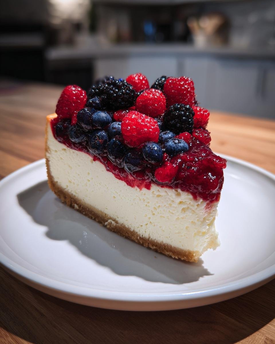 Ein St&uuml;ck cremiger Heavenly Berry Cheesecake mit einem Boden und &uuml;ppig belegt mit frischen Himbeeren, Blaubeeren und Brombeeren.