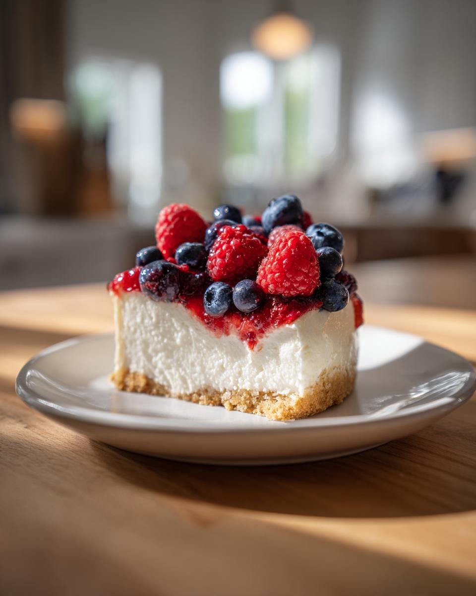 Ein St&uuml;ck Heavenly Berry Cheesecake mit cremigem K&auml;sekuchen und frischen Himbeeren und Blaubeeren auf einem Teller.