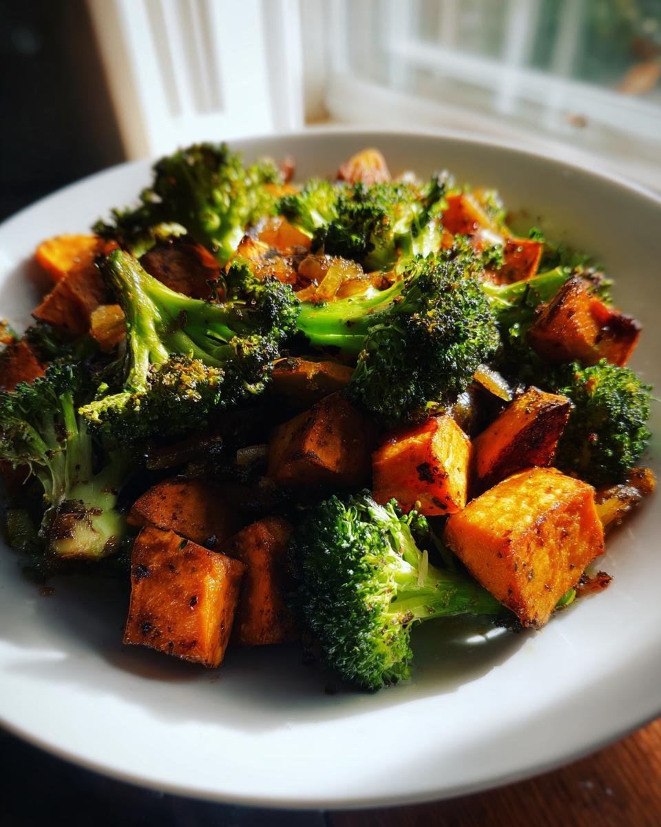 Nahaufnahme von gebratenem Brokkoli und gew&uuml;rfelten S&uuml;&szlig;kartoffeln, dem Herzhaft Roasted Broccoli Sweet Potatoes Recipe.
