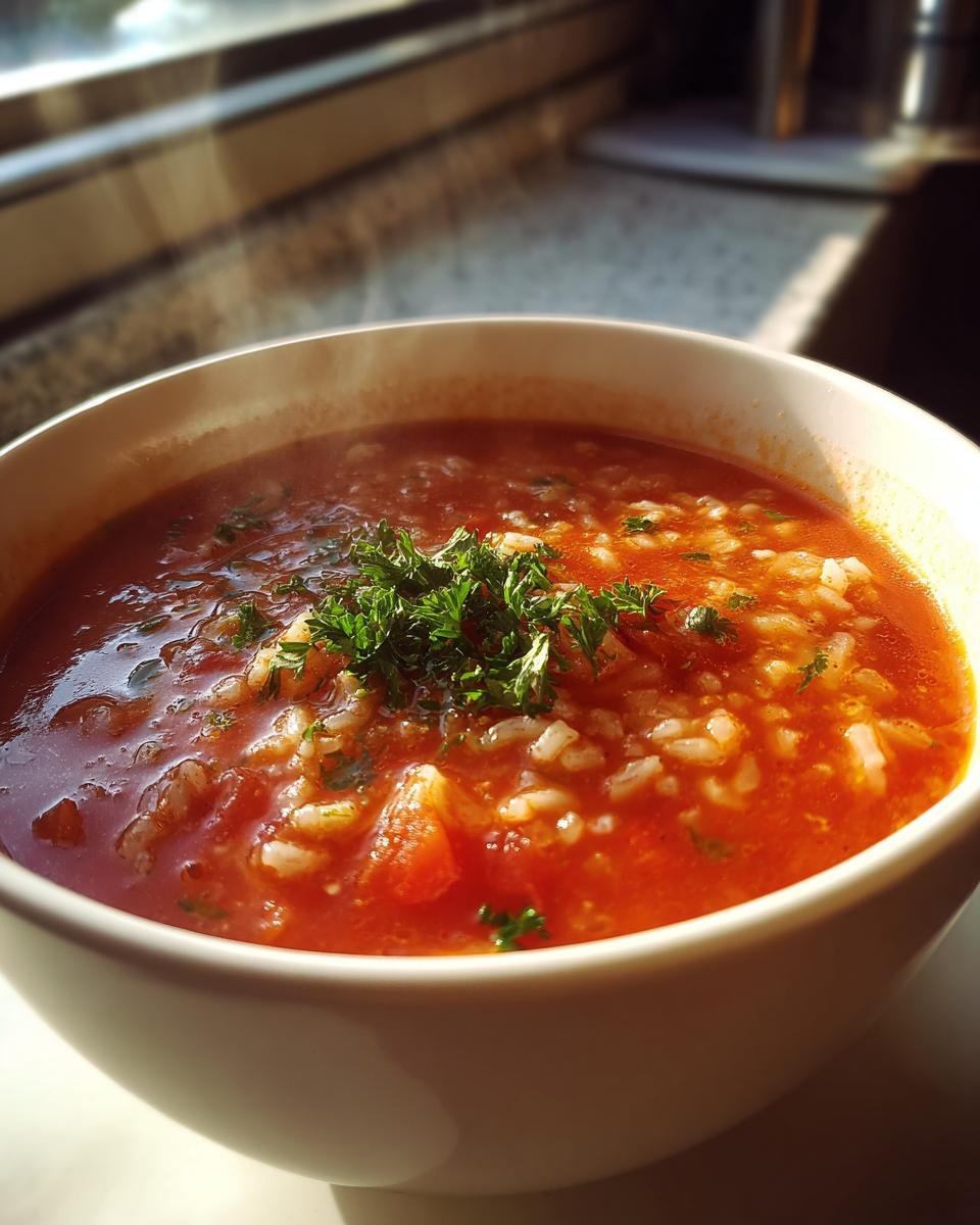 Nahaufnahme einer dampfenden Sch&uuml;ssel Herzhafte Tomaten Reis Suppe, garniert mit Petersilie.