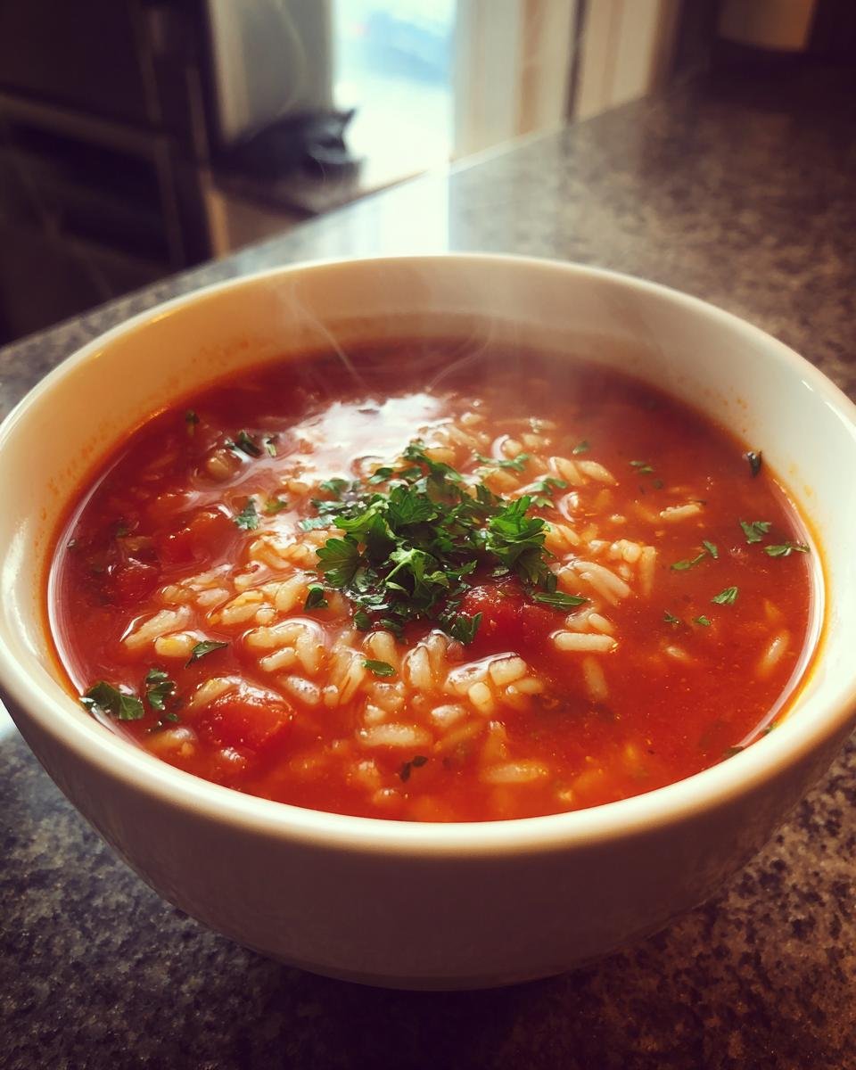 Nahaufnahme einer dampfenden Sch&uuml;ssel mit herzhafter Tomaten-Reis-Suppe, garniert mit Petersilie.
