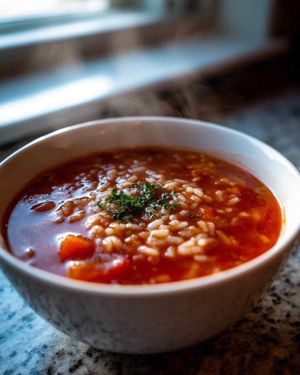 Nahaufnahme einer dampfenden Sch&uuml;ssel mit herzhafter Tomaten-Reis-Suppe, garniert mit Petersilie.