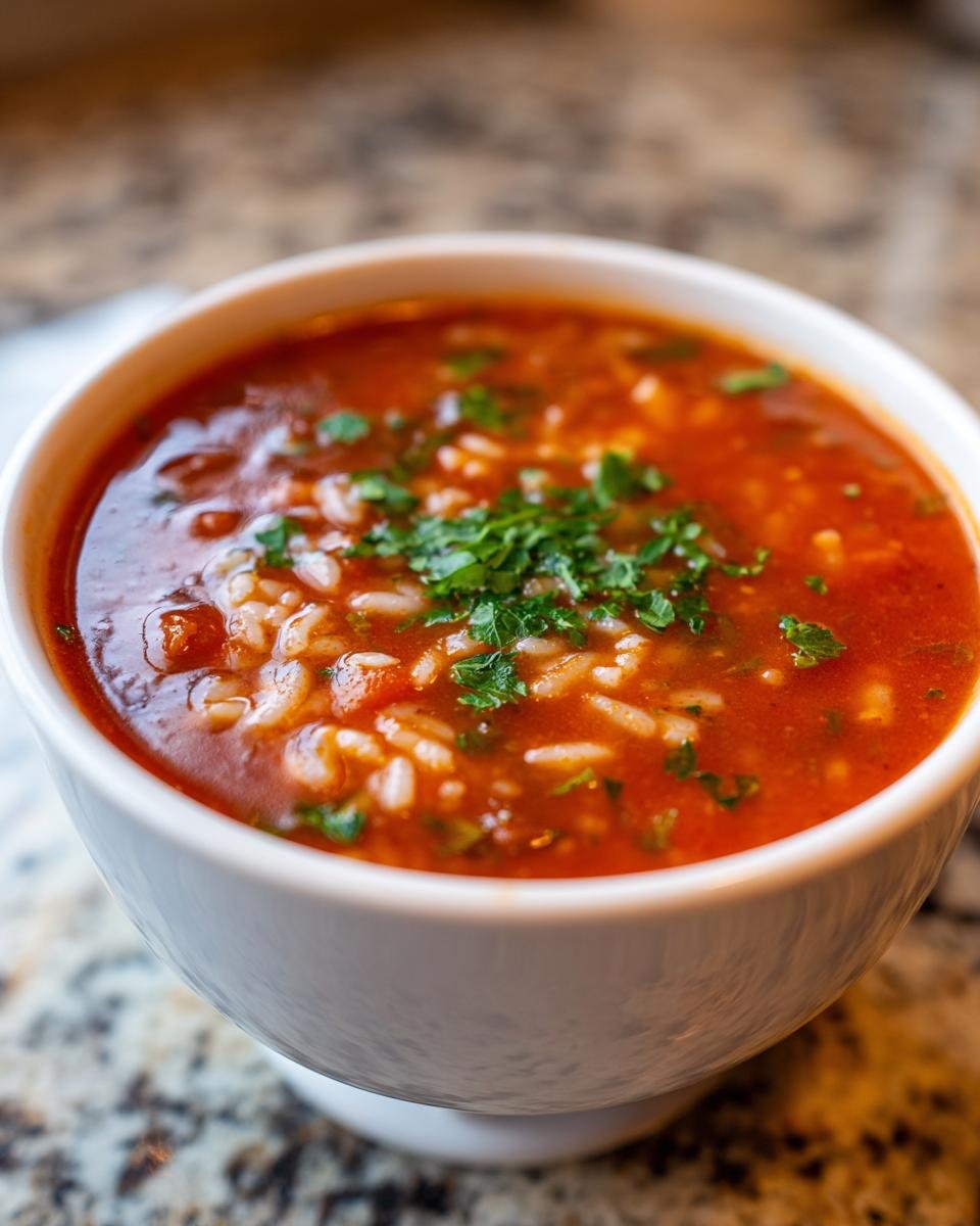 Nahaufnahme einer dampfenden, herzhaften Tomaten-Reissuppe mit Reis und Petersilie in einer wei&szlig;en Sch&uuml;ssel.