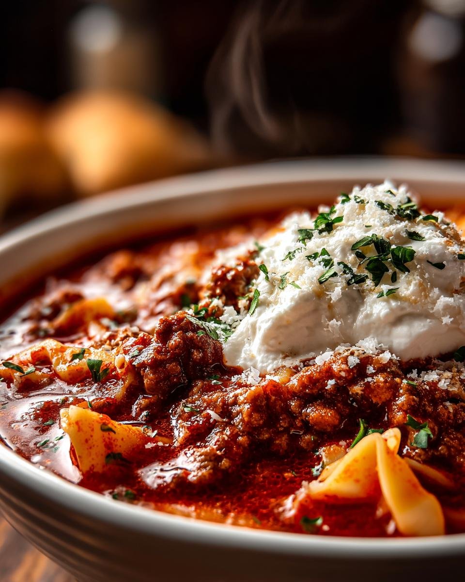 Nahaufnahme einer dampfenden Sch&uuml;ssel herzhafter Wurst-Lasagne-Suppe mit viel Fleischsauce und einem gro&szlig;en Klecks Ricotta.