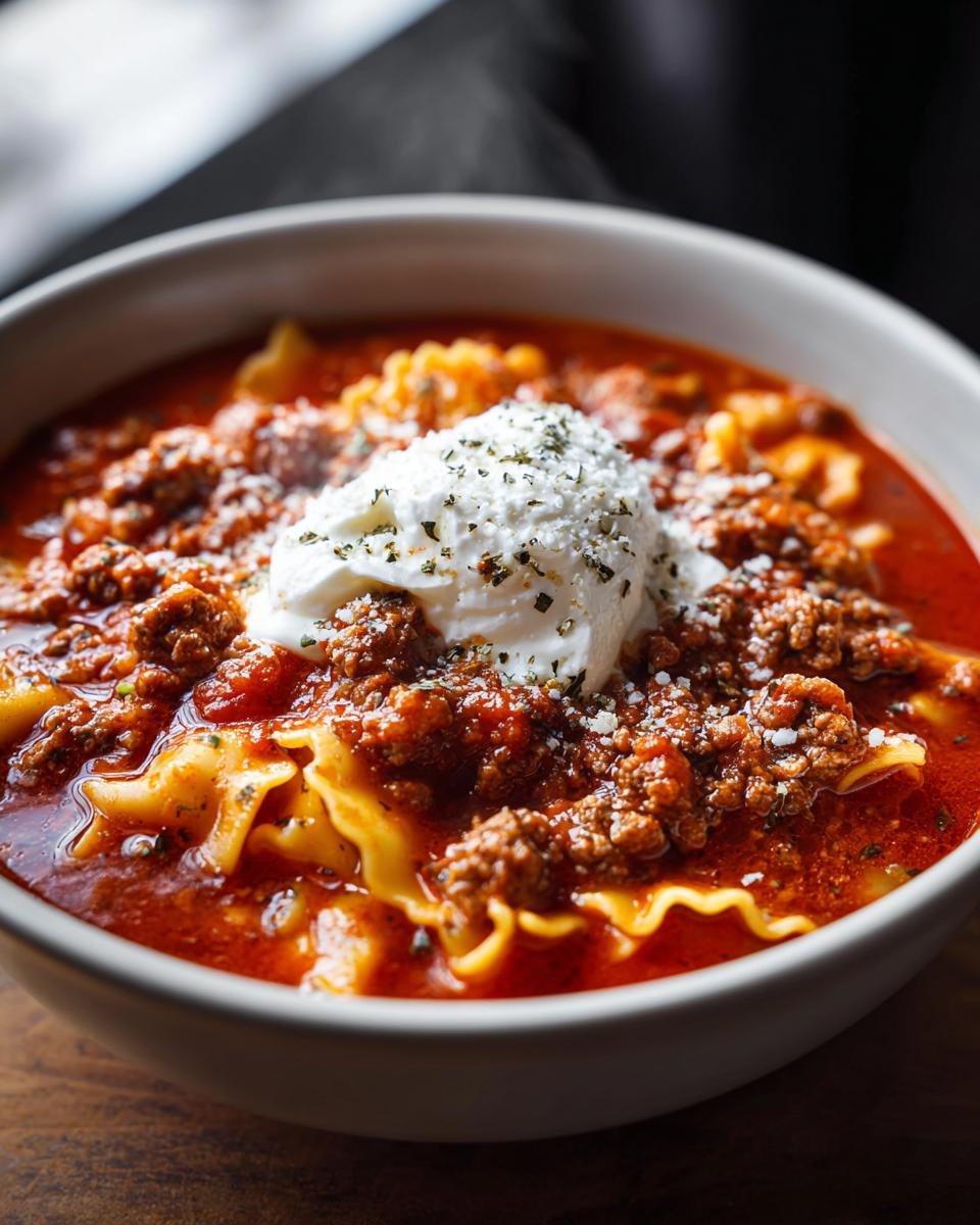 Nahaufnahme einer Sch&uuml;ssel herzhafte Wurst-Lasagne-Suppe mit viel Fleischsauce, Nudeln und einem Klecks Ricotta.