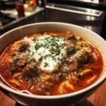 Eine Sch&uuml;ssel mit herzhafter Wurst-Lasagne-Suppe, garniert mit Ricotta und Petersilie.