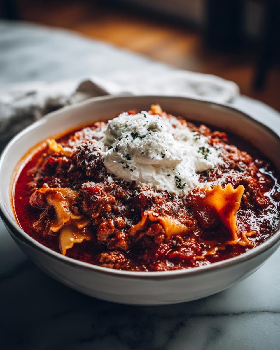 Nahaufnahme einer Sch&uuml;ssel mit herzhafter Wurst-Lasagne-Suppe, belegt mit Ricotta und Kr&auml;utern.