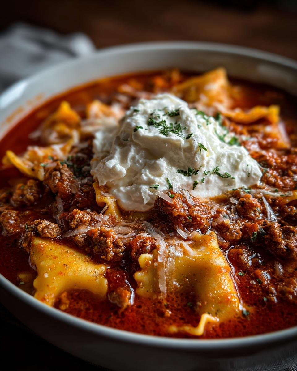 Nahaufnahme einer Sch&uuml;ssel mit herzhafter Wurst-Lasagnen-Suppe, garniert mit Ricotta und Petersilie.
